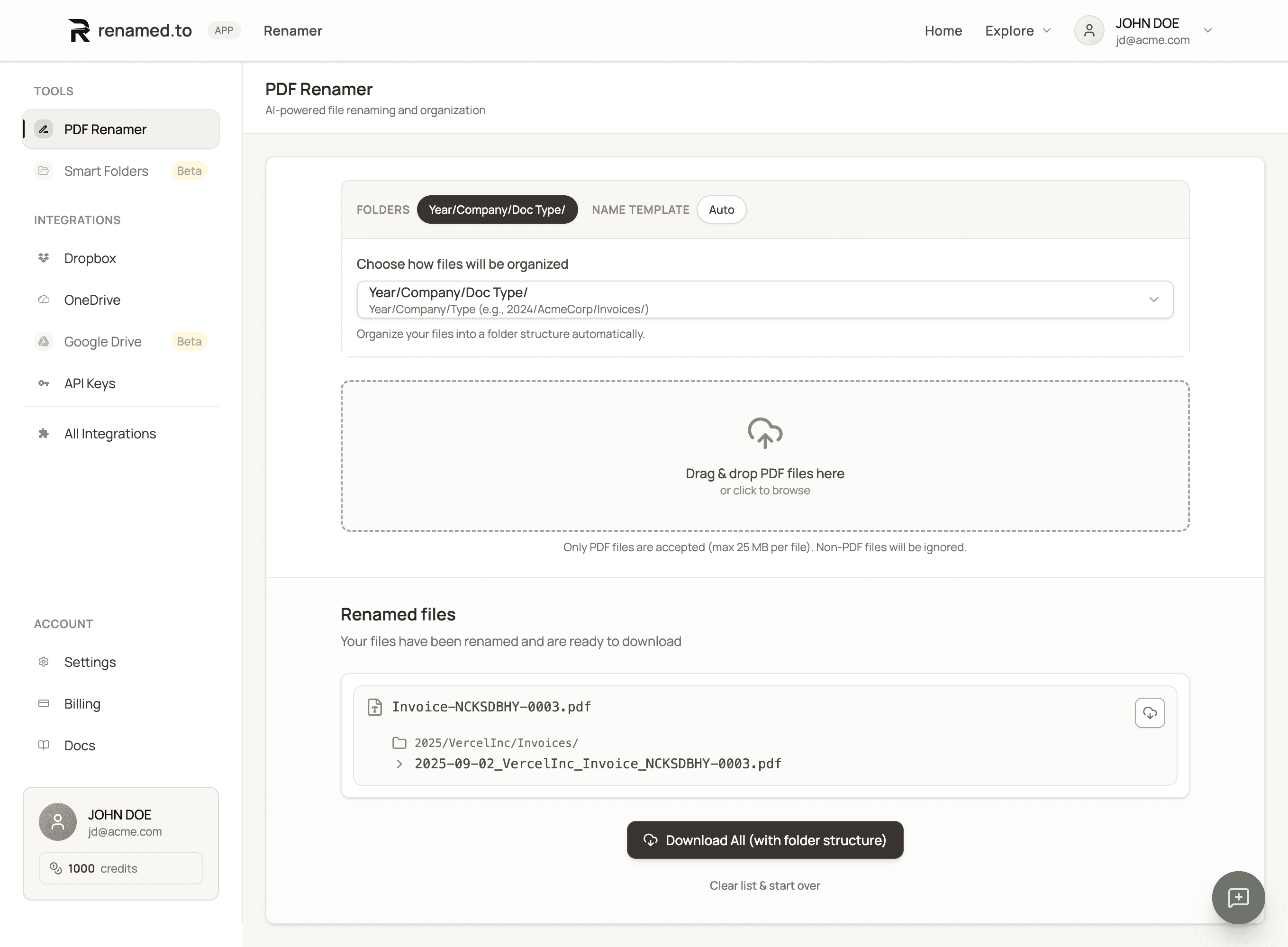 PDF Renamer results - Perfectly named files with confidence scores